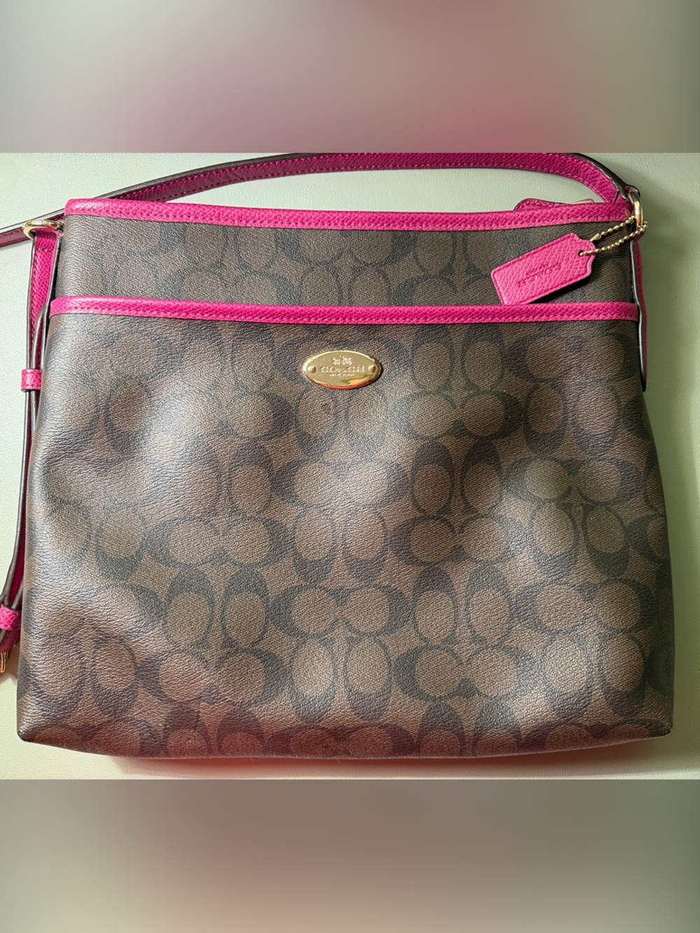 Coach Signature C Brown Pink Leather Trim Crossbody Messenger Bag